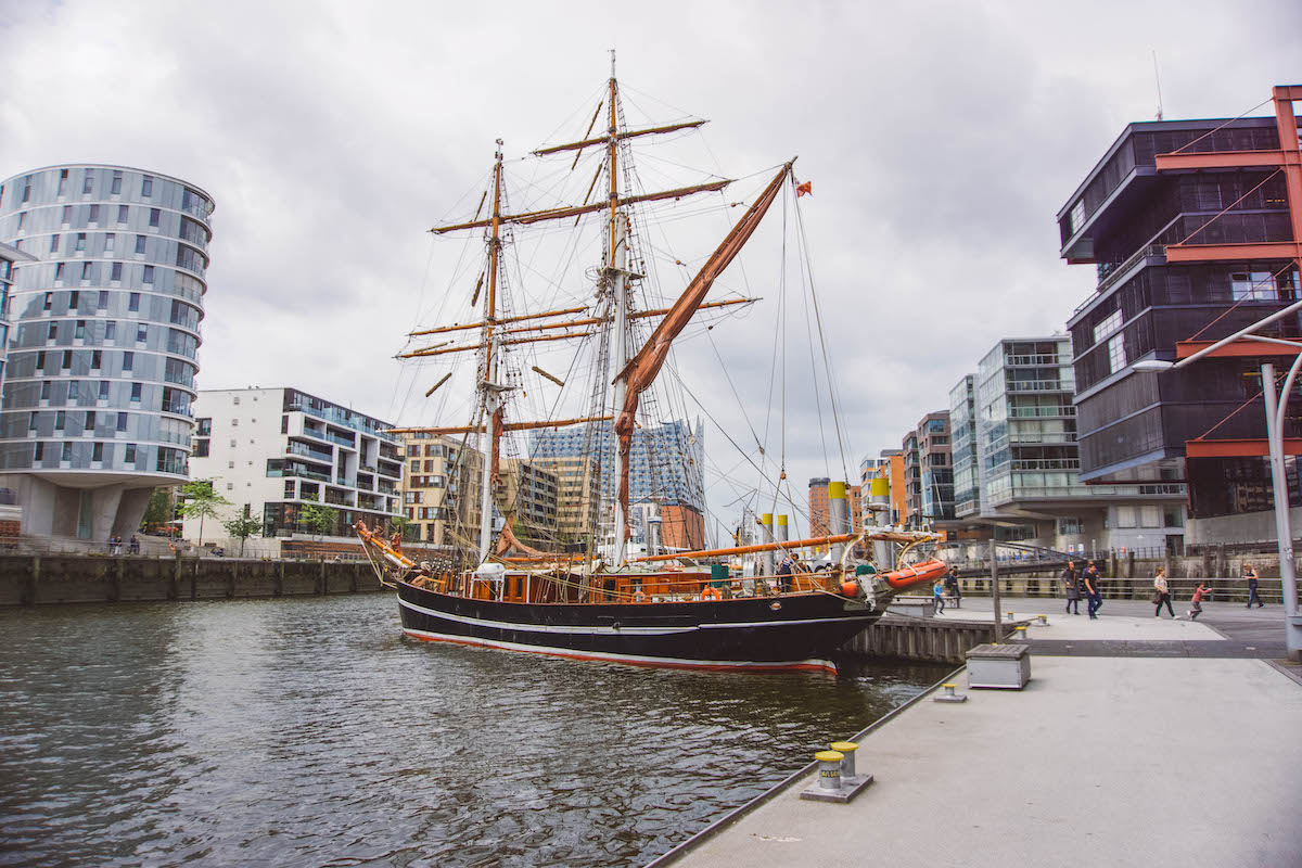 An old sailing boat at the traditional ship harbor in Hamburg