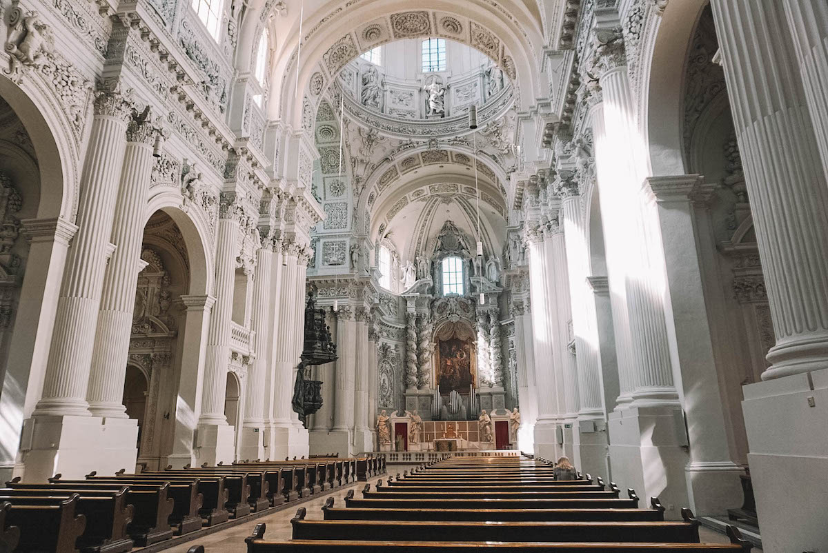 The light and airy interior of the Theatinerkirche in Munich. 