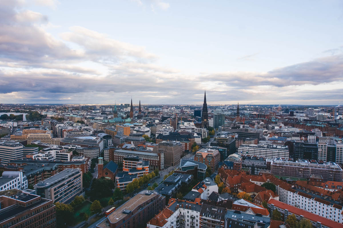 View of Hamburg from spire of church 