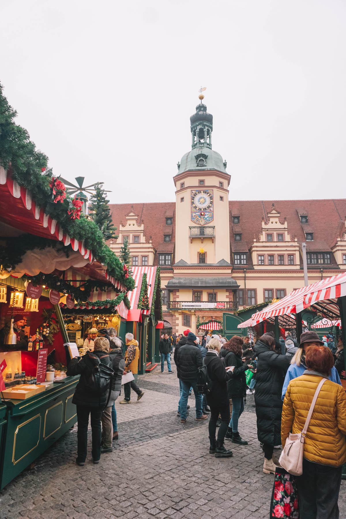 Christmas market stalls in front of Leipzig's town hall