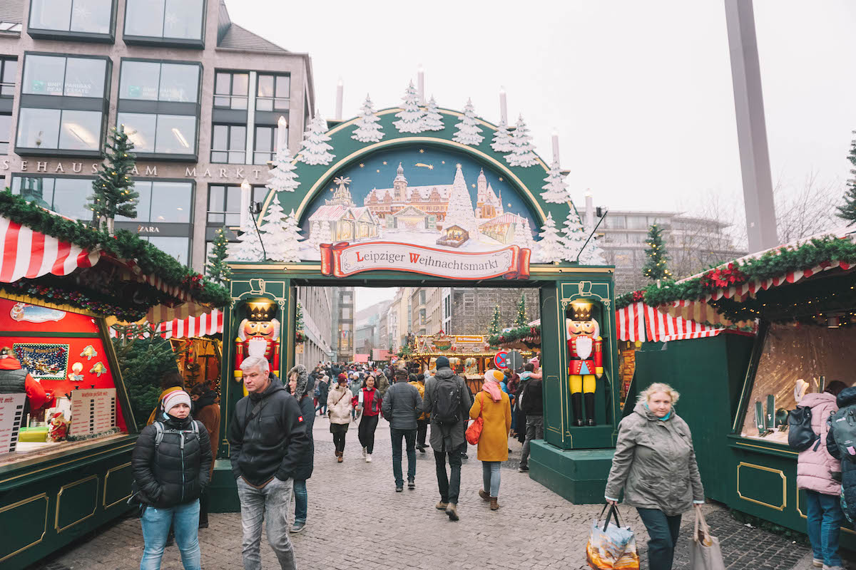 Arched entryway to the Christmas market in Leipzig, Germany