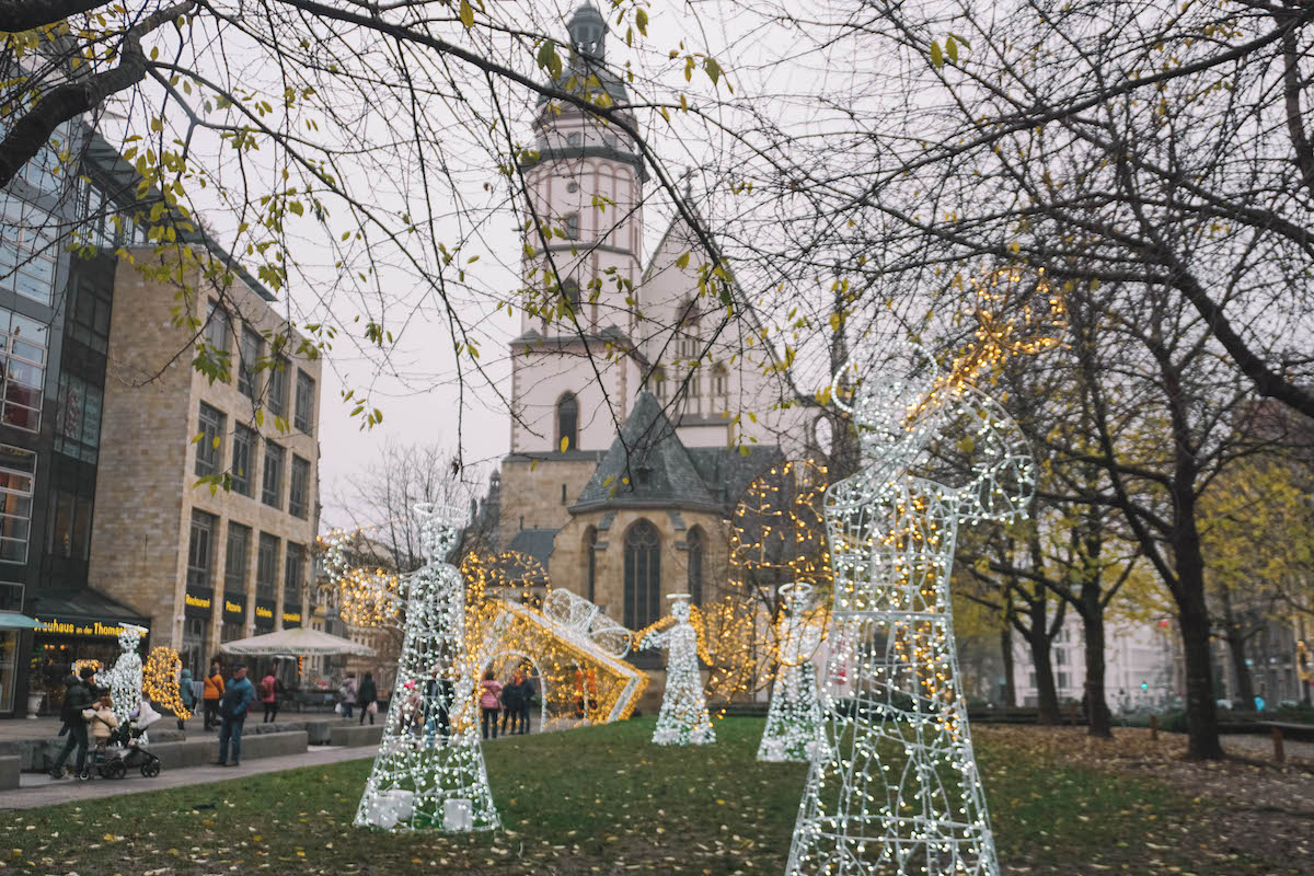 Christmas lights display in front of St. Thomas Church in Leipzig