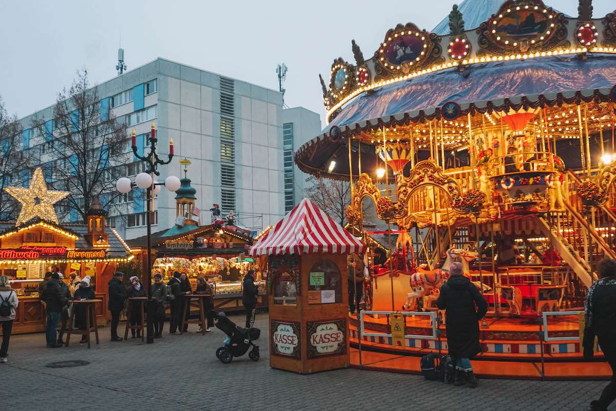 Vintage double decker carousel at the Christmas market along the Salzgäßchenin Leipzig