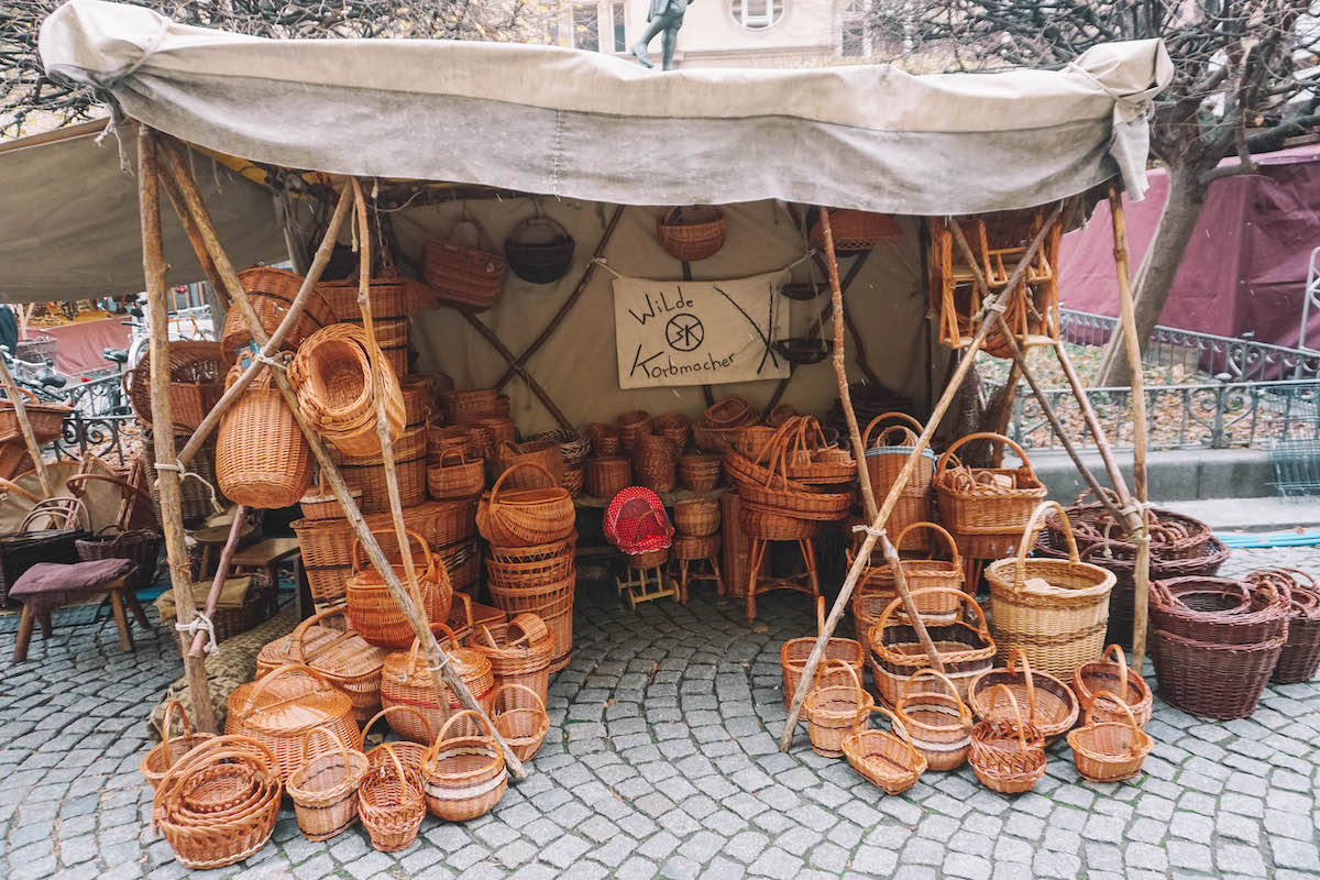 Wicker baskets on display at the historic Christmas market in Leipzig, Germany