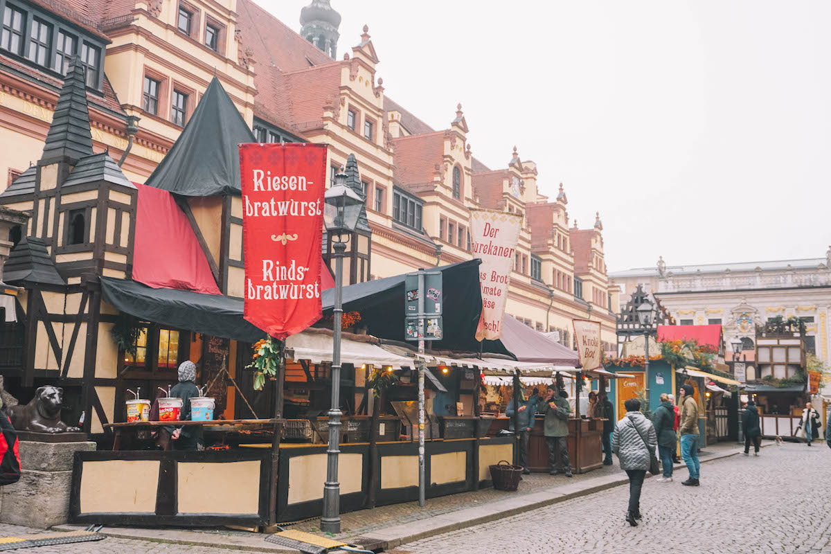 Stalls at the the historic Christmas market in Leipzig, Germany