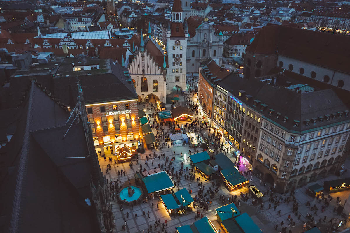 The Munich Christmas market, seen from the bell tower of the Neues Rathaus