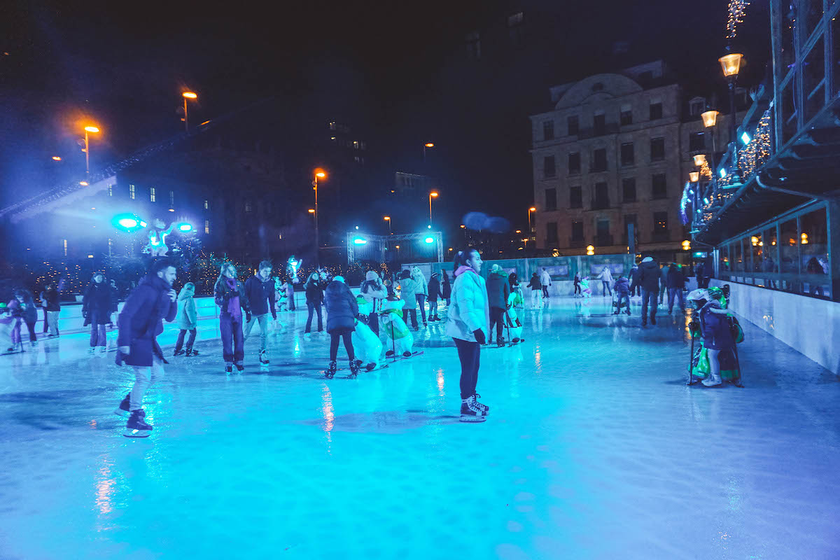 An ice skating rink at a Munich, Germany Christmas market 