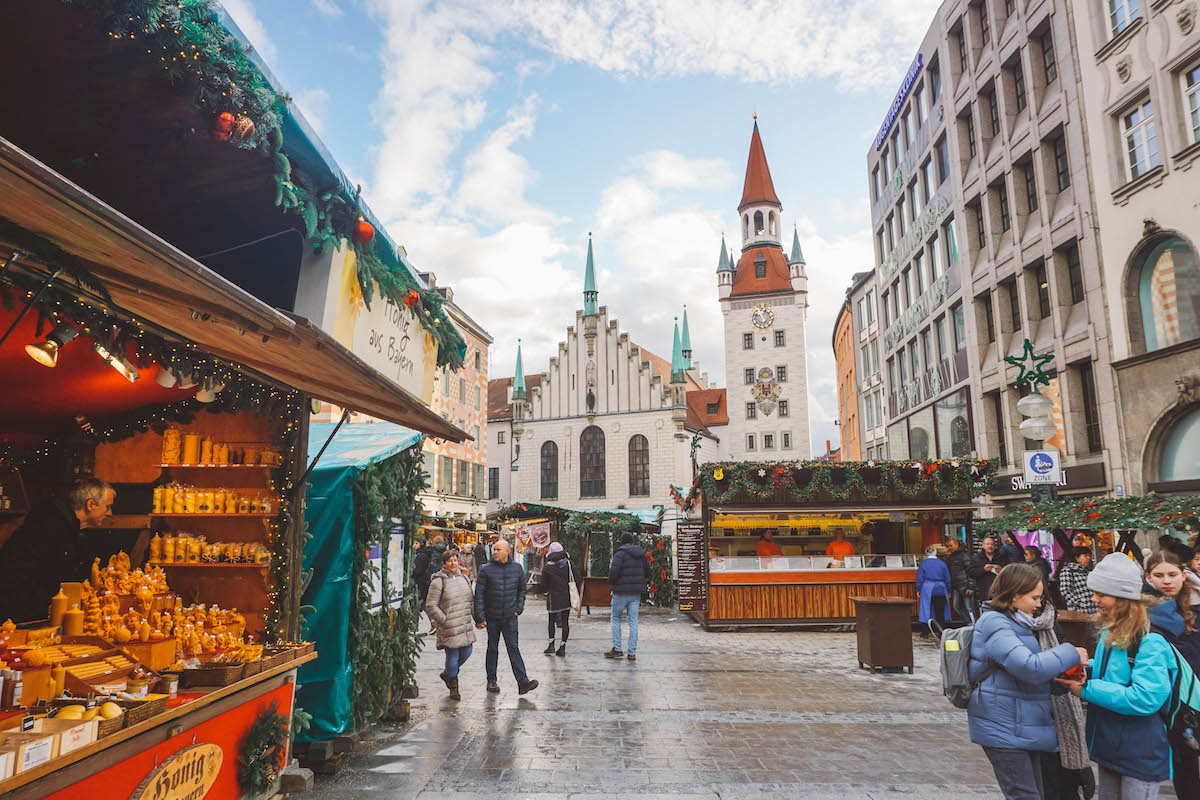 The Munich Marienplatz Christmas market, on a sunny day 