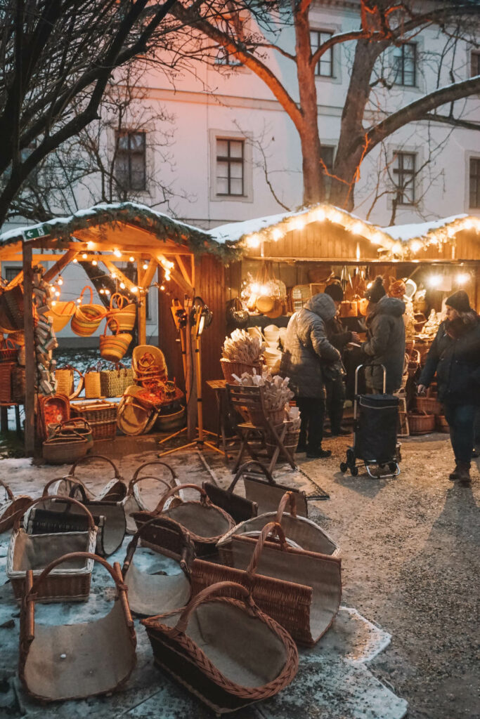 Woven baskets on display at the Schloss Thurn und Taxis Christmas market in Regensburg