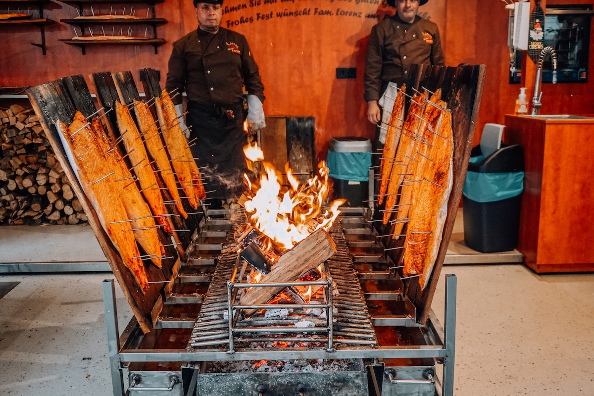 Flame grilled salmon at Christmas market
