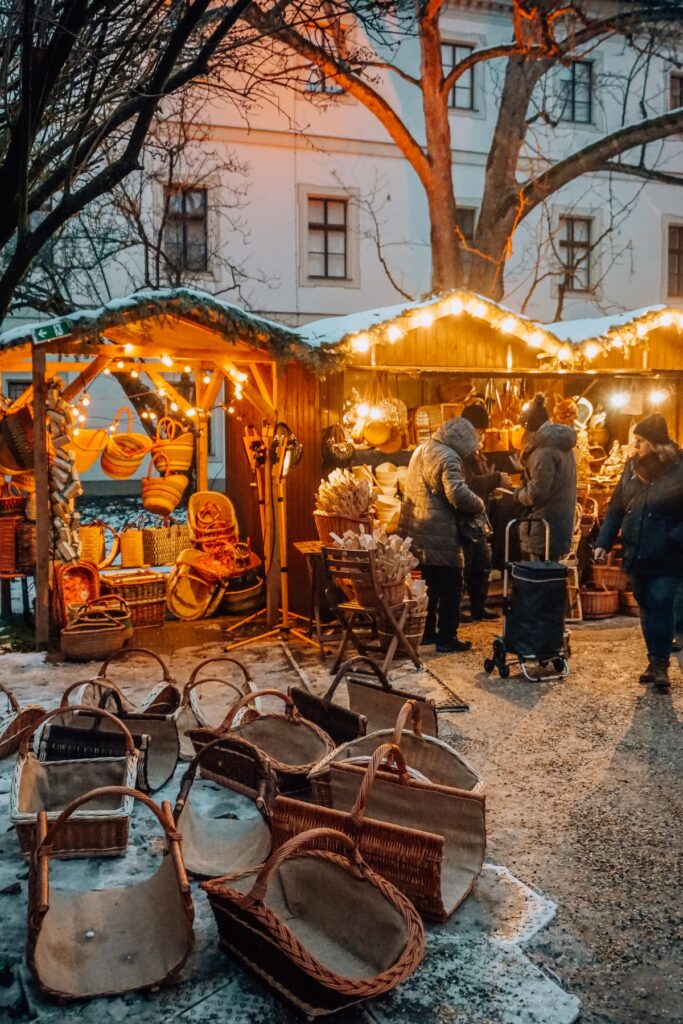 Baskets and handmade goods for sale at Regenburg's Romantic Christmas Market