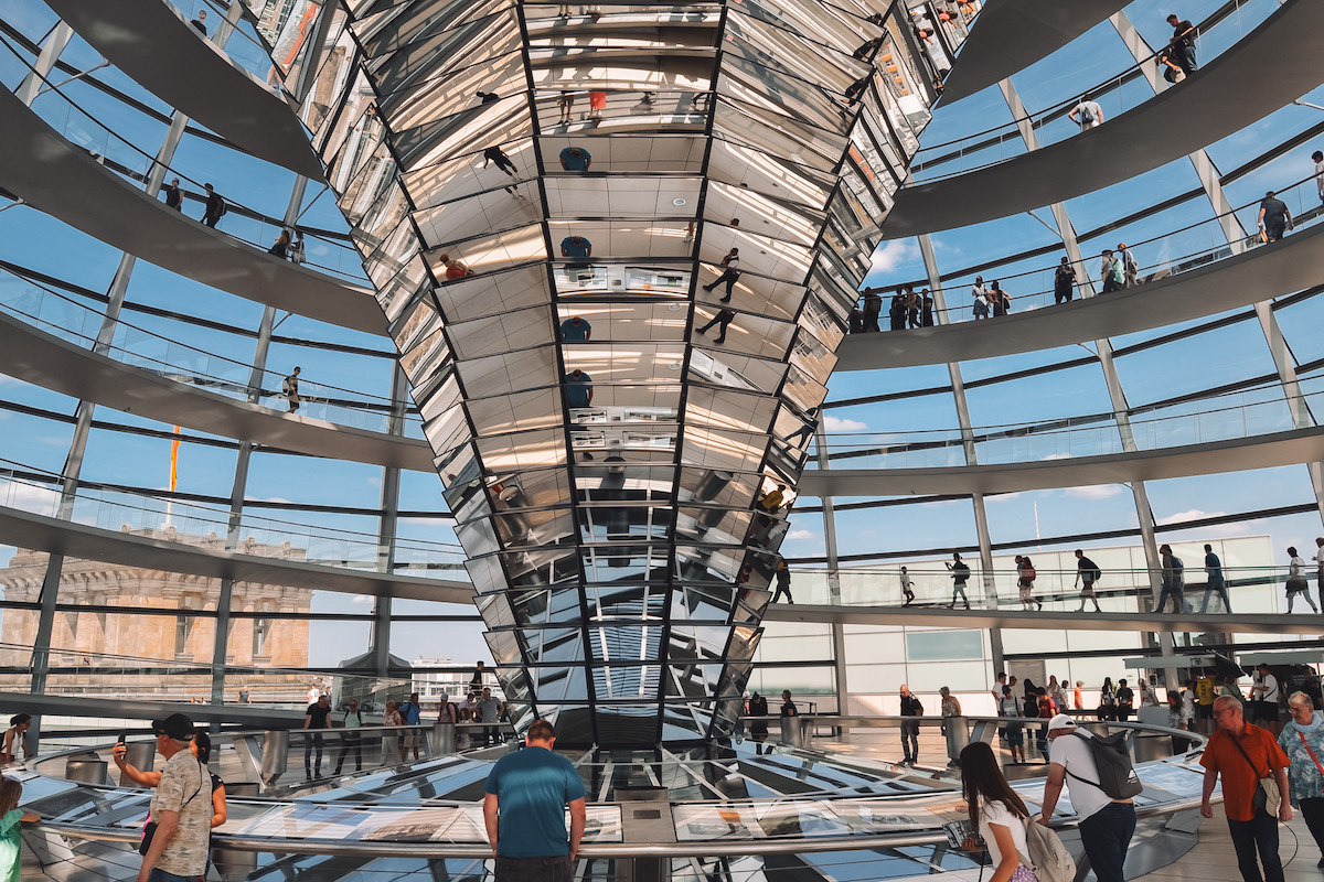 Inside the glass dome of the Reichstag building in Berlin.