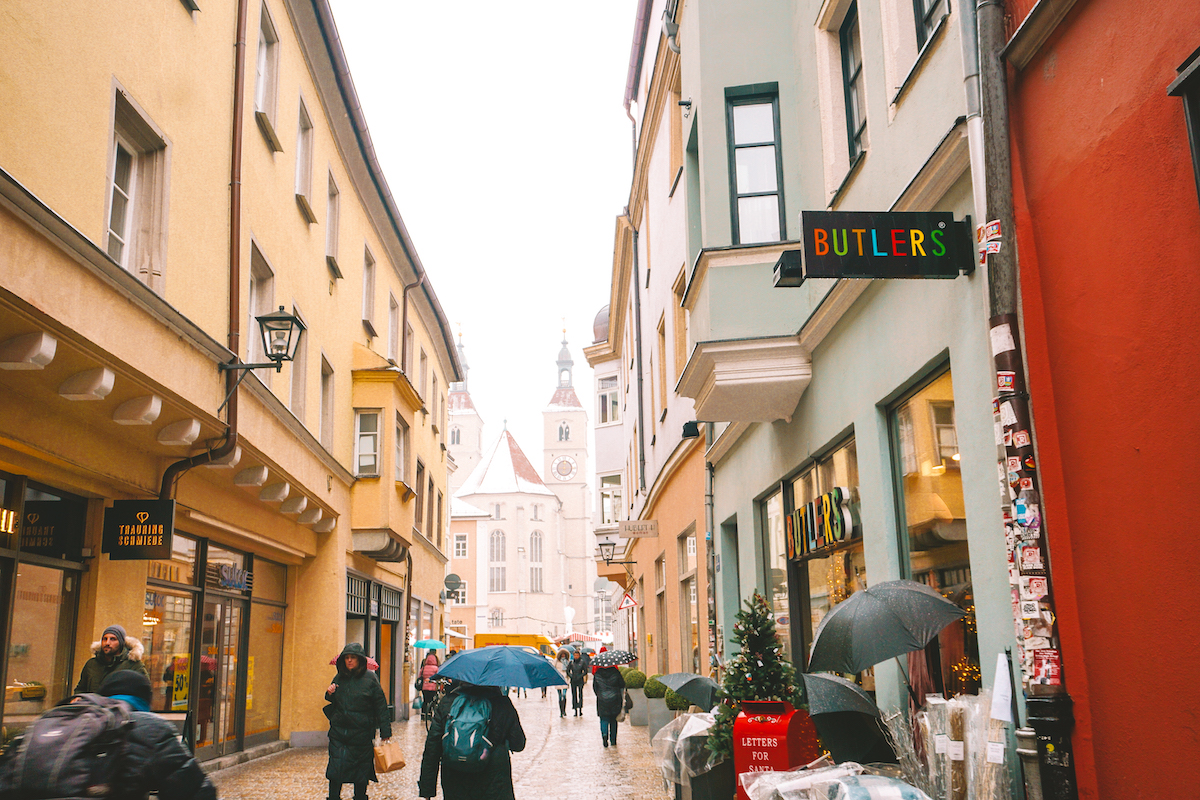 A shopping street in Old Town Regensburg, Germany.