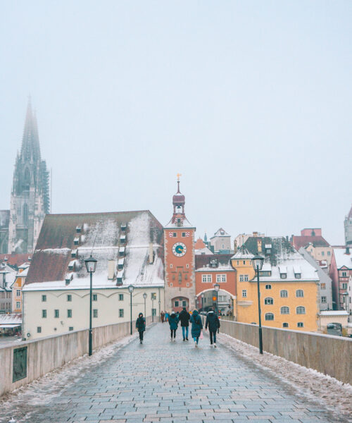 The Old Stone Bridge in Regensburg, on a gray winter day.