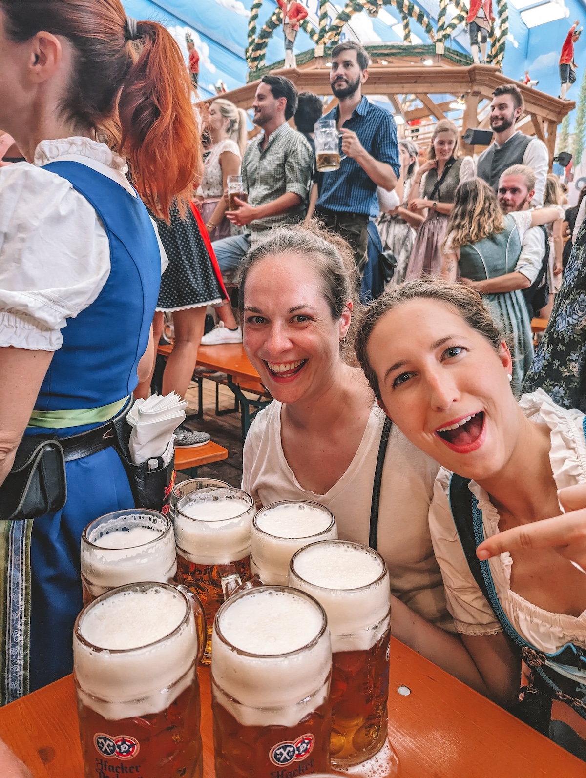 Women pointing at beers at Oktoberfest