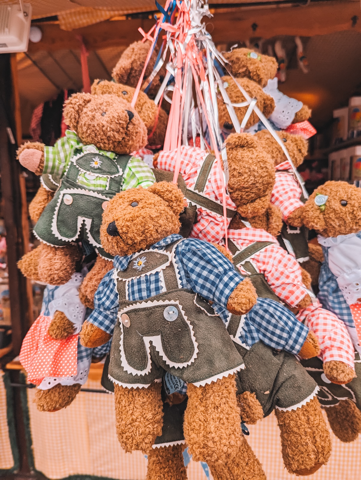 Teddy bears wearing German folk dress