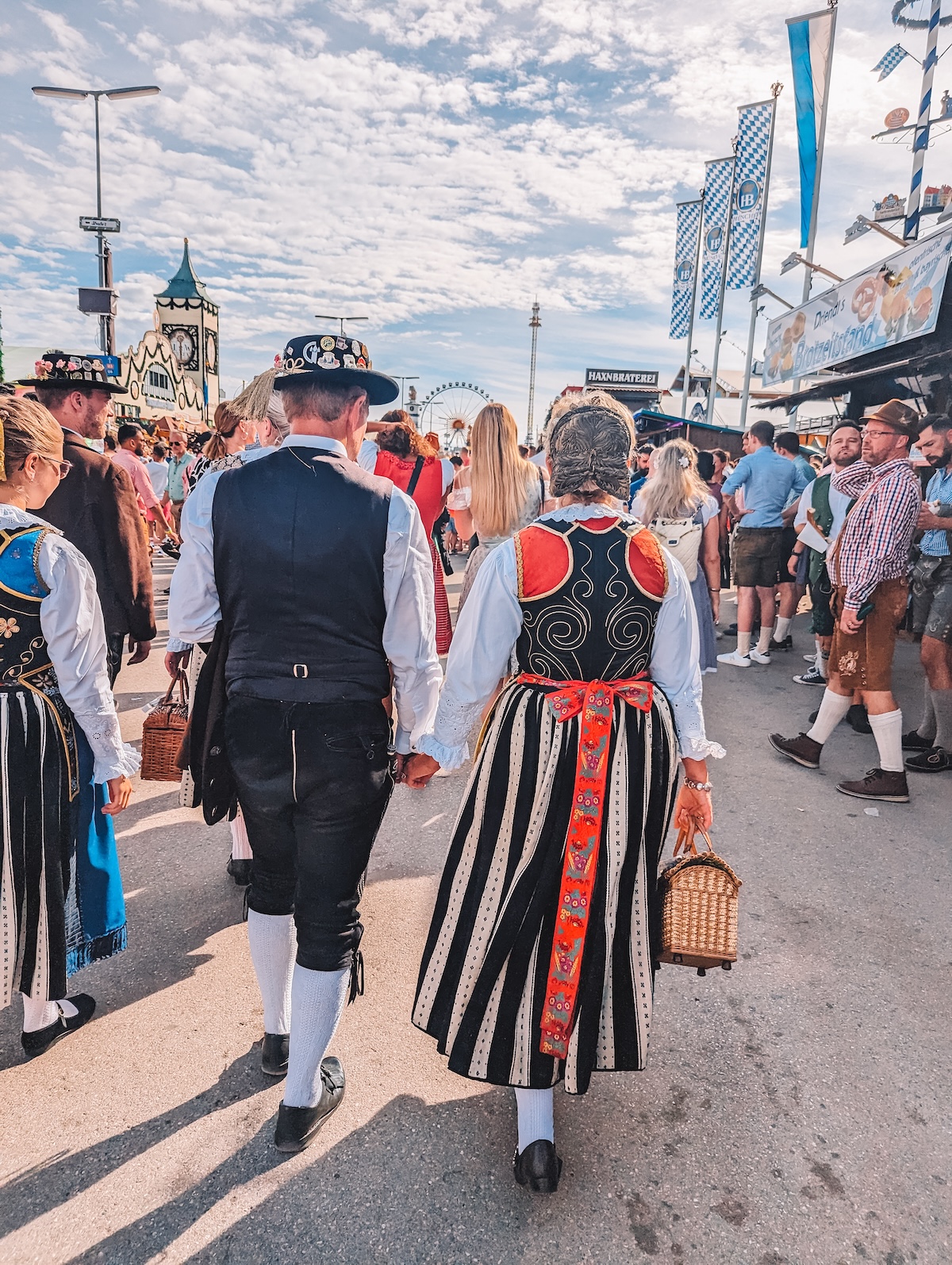 Back of couple wearing traditional German folk dress