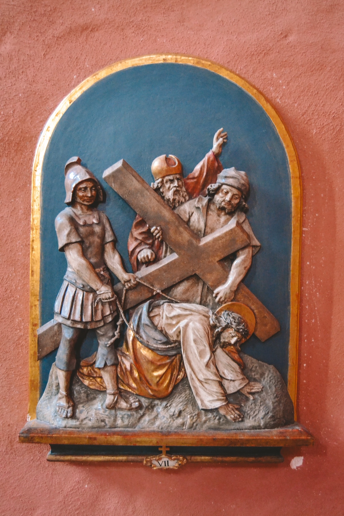 A relief showing Jesus carrying the cross, inside the Frankfurt cathedral.