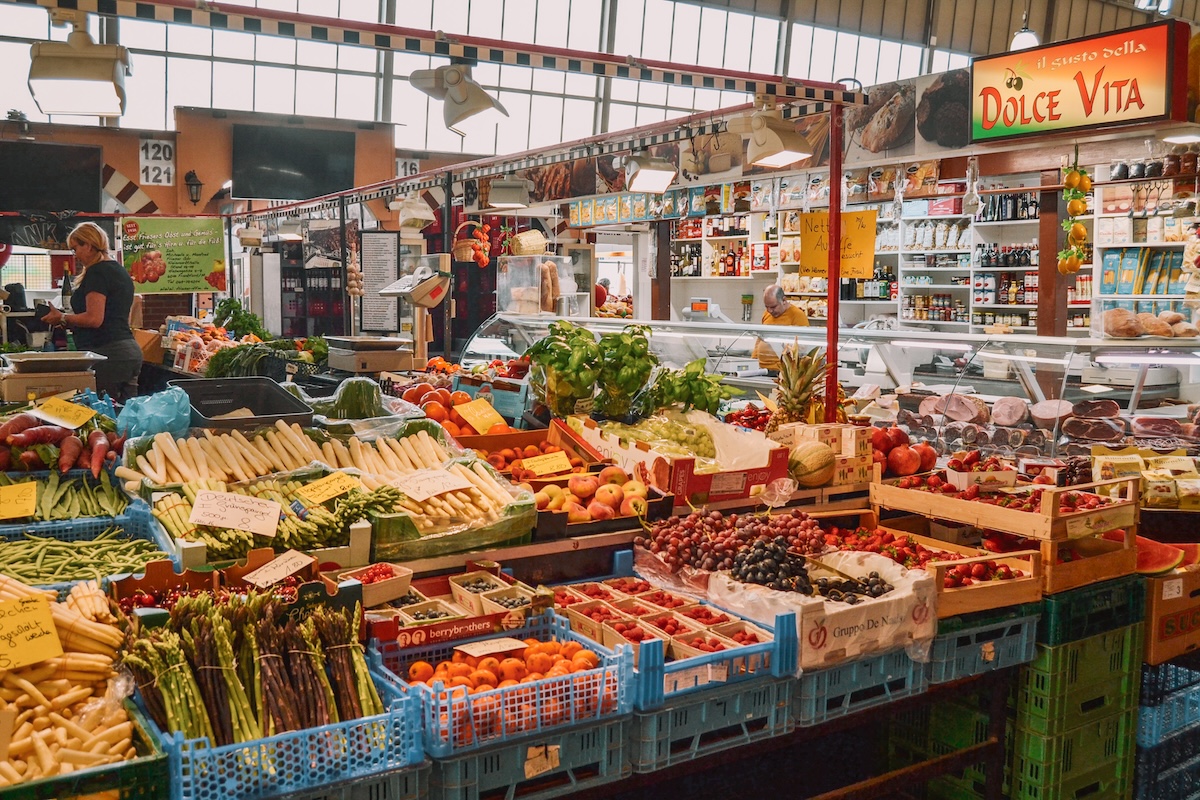 A stall selling fresh produce inside Frankfurt's Kleinmarkthalle.