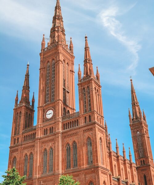 Top spires of the Marktkirche in Wiesbaden.