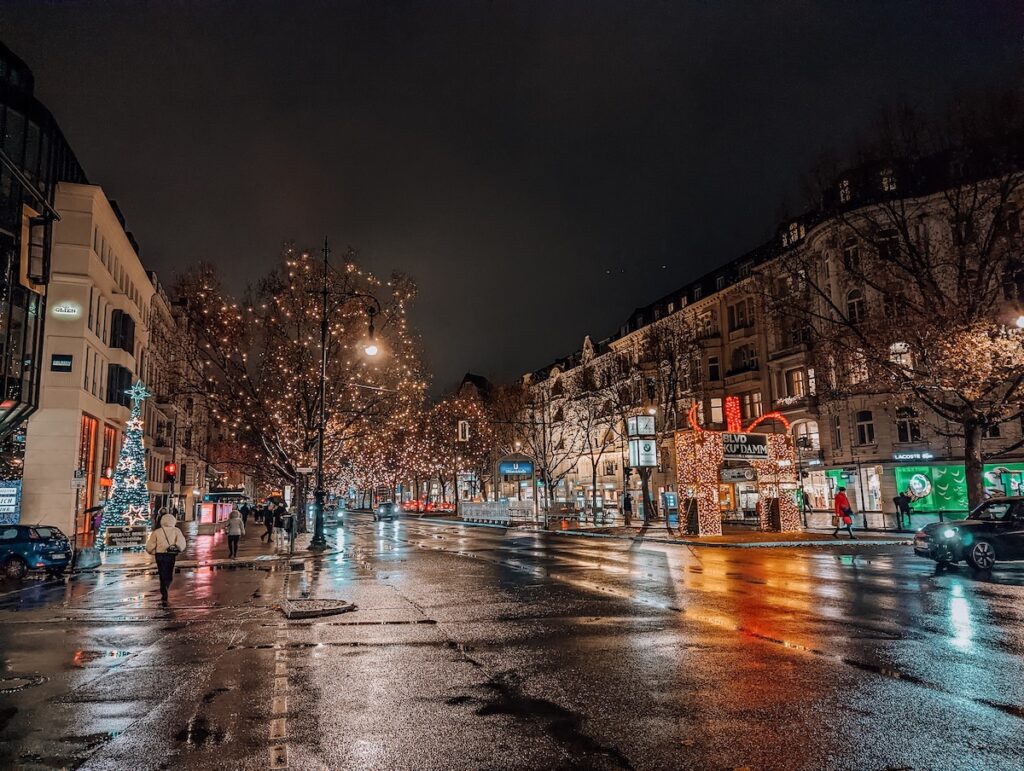 Christmas lights along the Kurfürstendamm in Berlin, at night