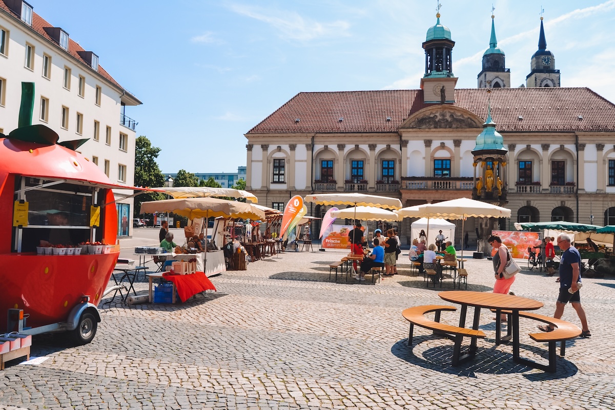 Old Market square in Magdeburg, on a market day