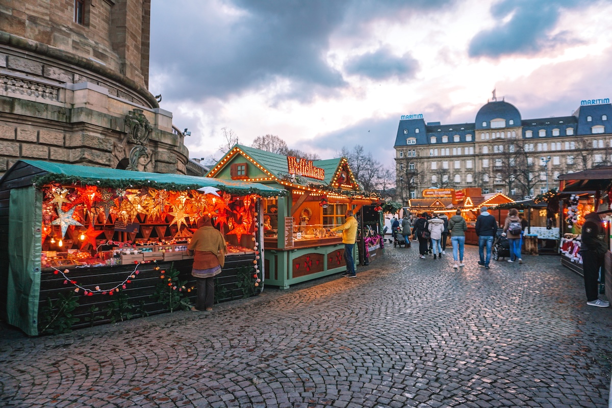 Stands around the water tower at Mannheim's Christmas market