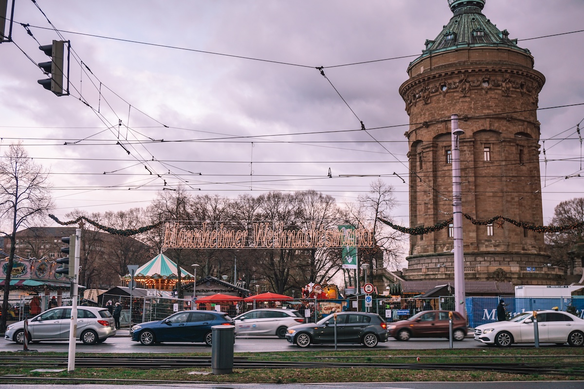 Entrance to Mannheim Christmas market, seen from across the street