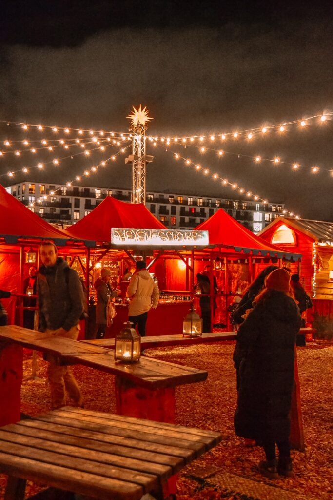 String lights hanging over tents at the historic Christmas market in Berlin