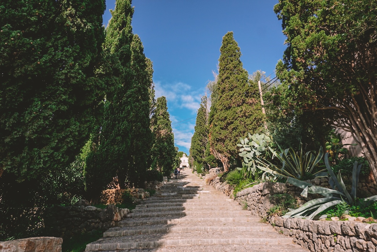 A view up the Calvari Steps in Pollença, with Calvary Chapel at the top