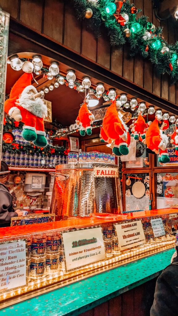 A stall at the Freiburg im Breisgau Christmas market selling mulled wine