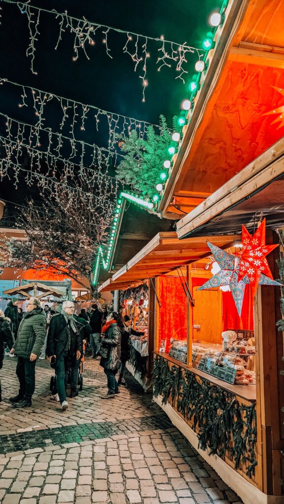 Christmas market stalls at Kartoffelmarkt in Freiburg im Breisgau