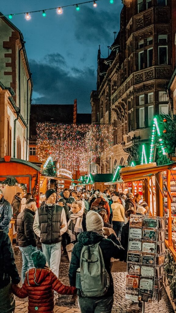 Christmas market stalls along Franziskanerstraße in Freiburg im Breisgau 