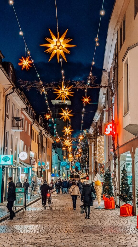 Schiffstraße in Freiburg lit up at Christmas 