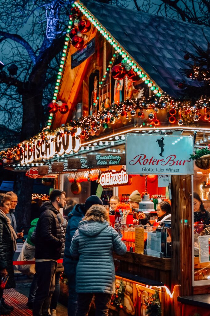 A stall at the Freiburg im Breisgau Christmas market selling fries