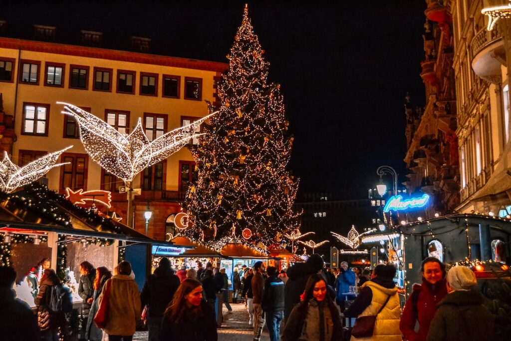 Stalls and Christmas tree at the Wiesbaden Christmas market