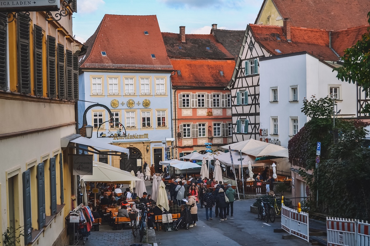 Half-timbered buildings along Karolinenstraße in Bamberg