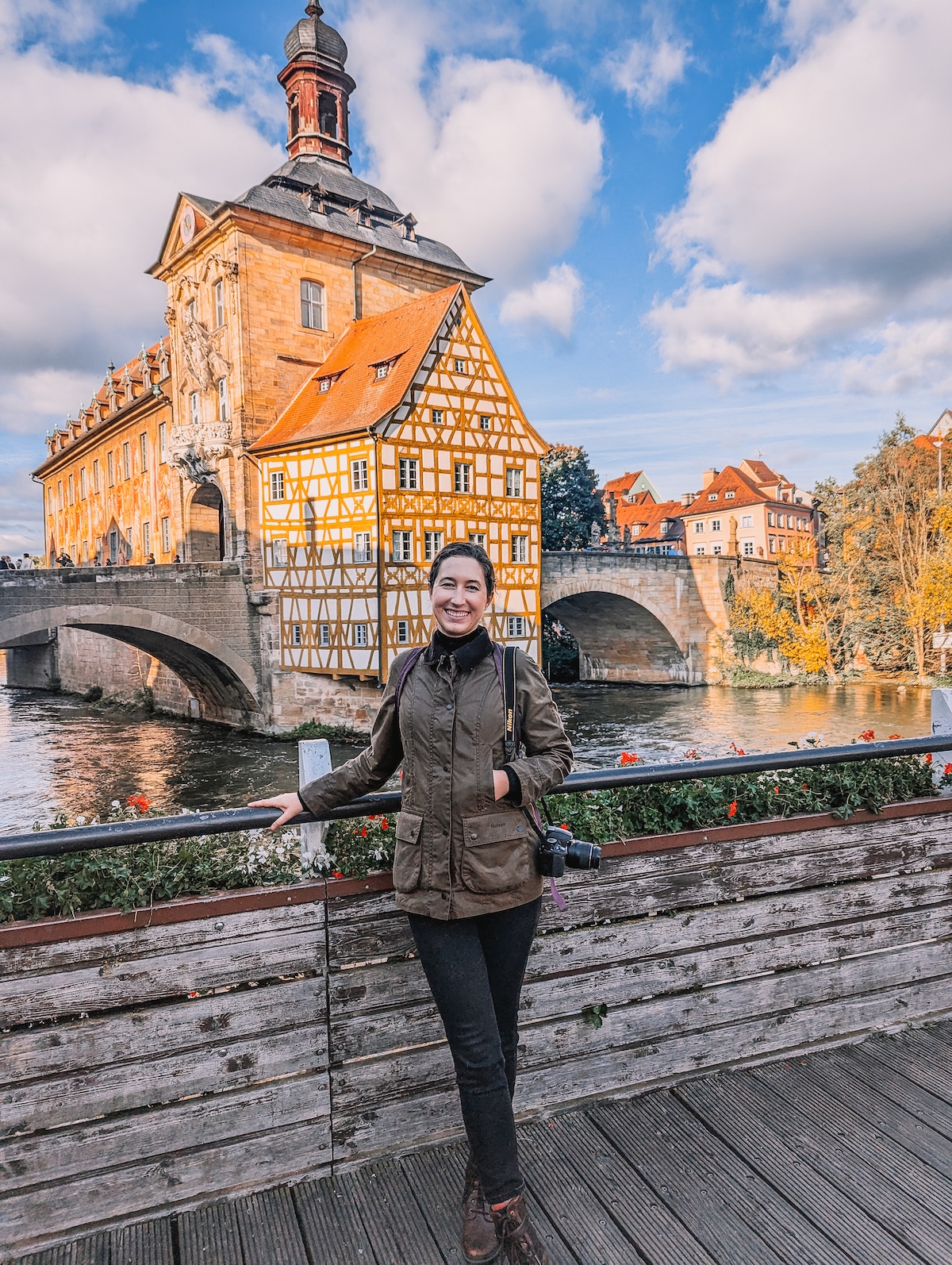 Woman smiling in front of Old Town Hall in Bamberg