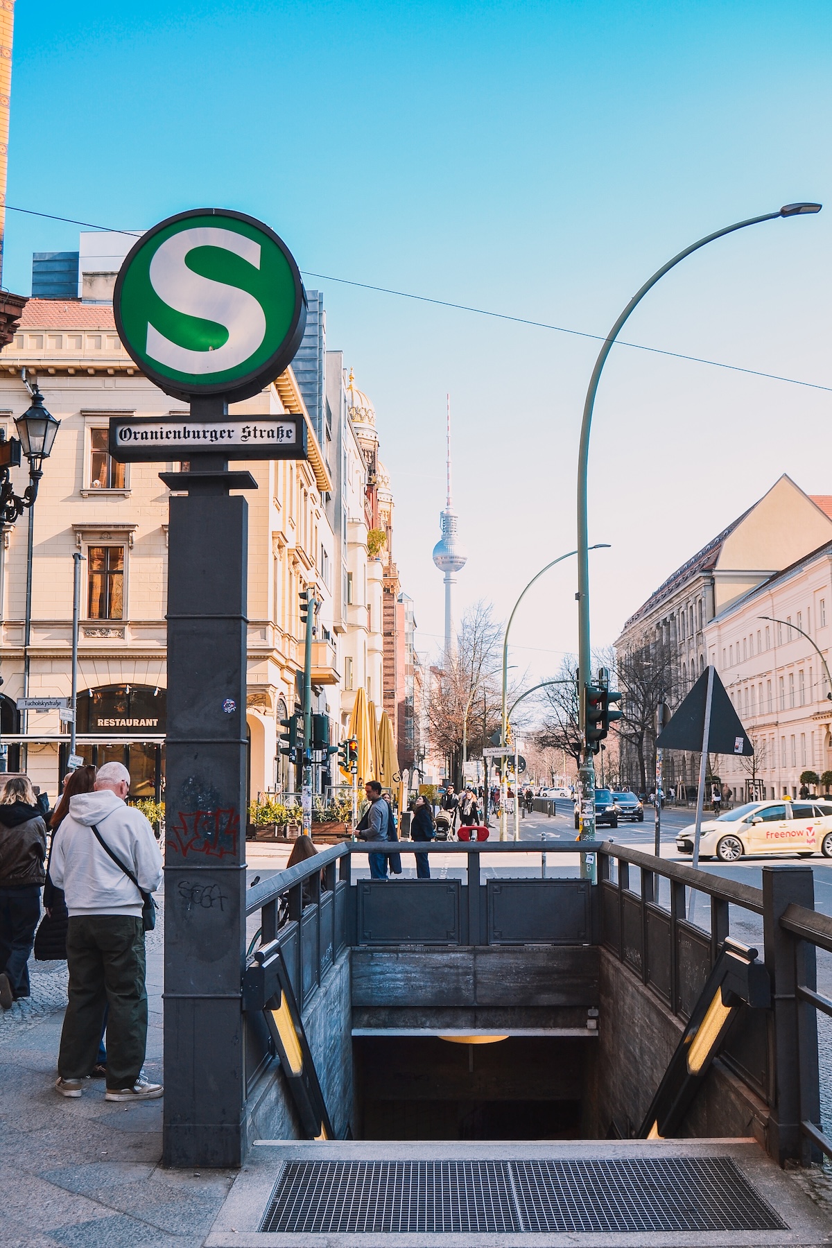 Entrance to Oranienburger Strasse station, with the TV tower in the background