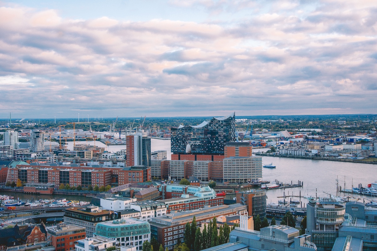 View of the Elbphilharmonie from St. Michael's Church in Hamburg