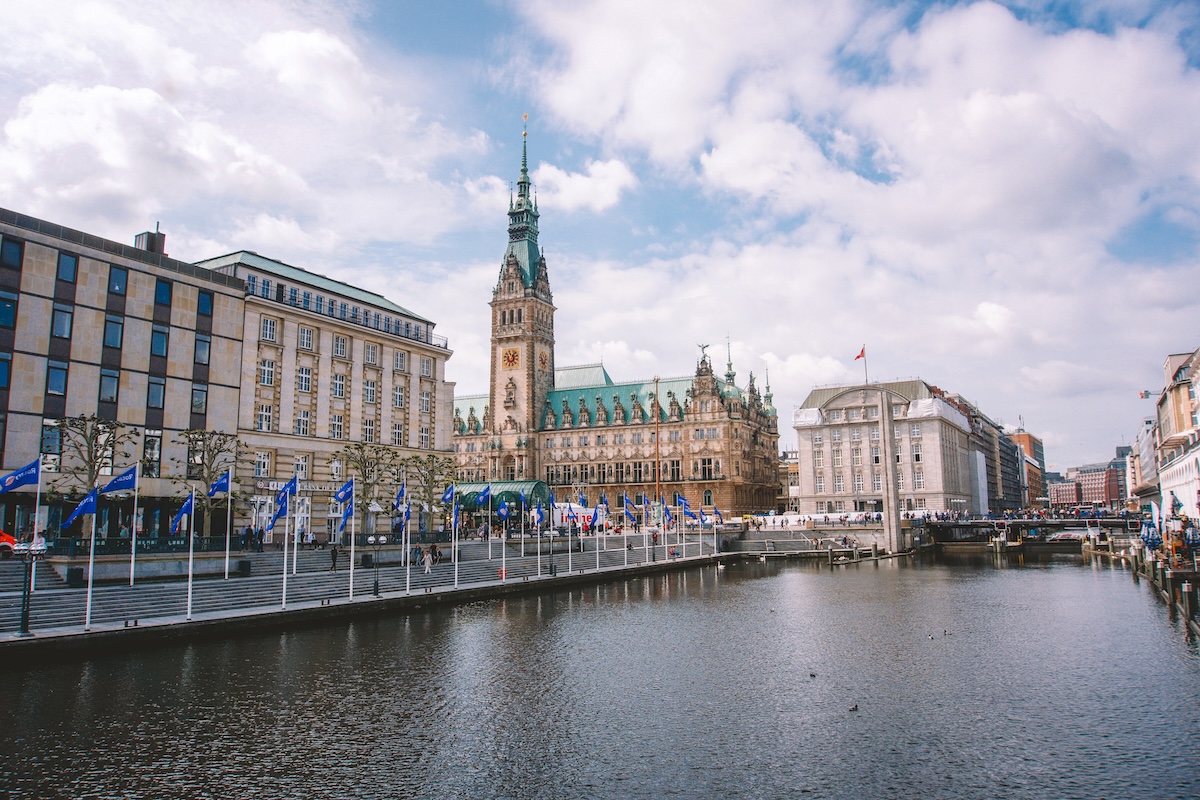 Hamburg's Town Hall seen from across the innenalster