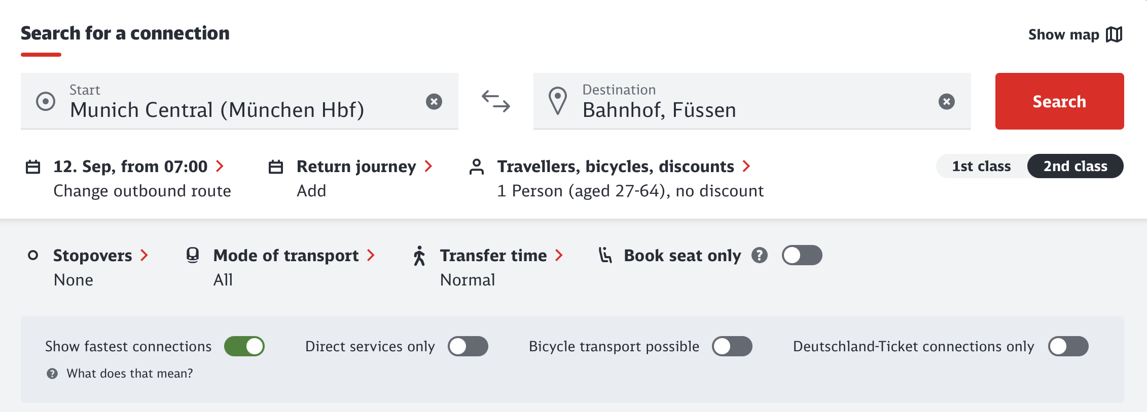 Deutsche Bahn search function