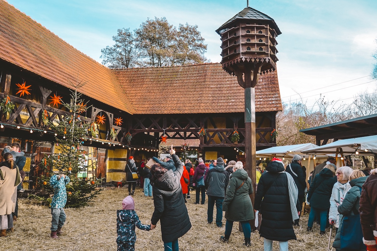 stalls within historic courtyard at Spreewald Christmas market
