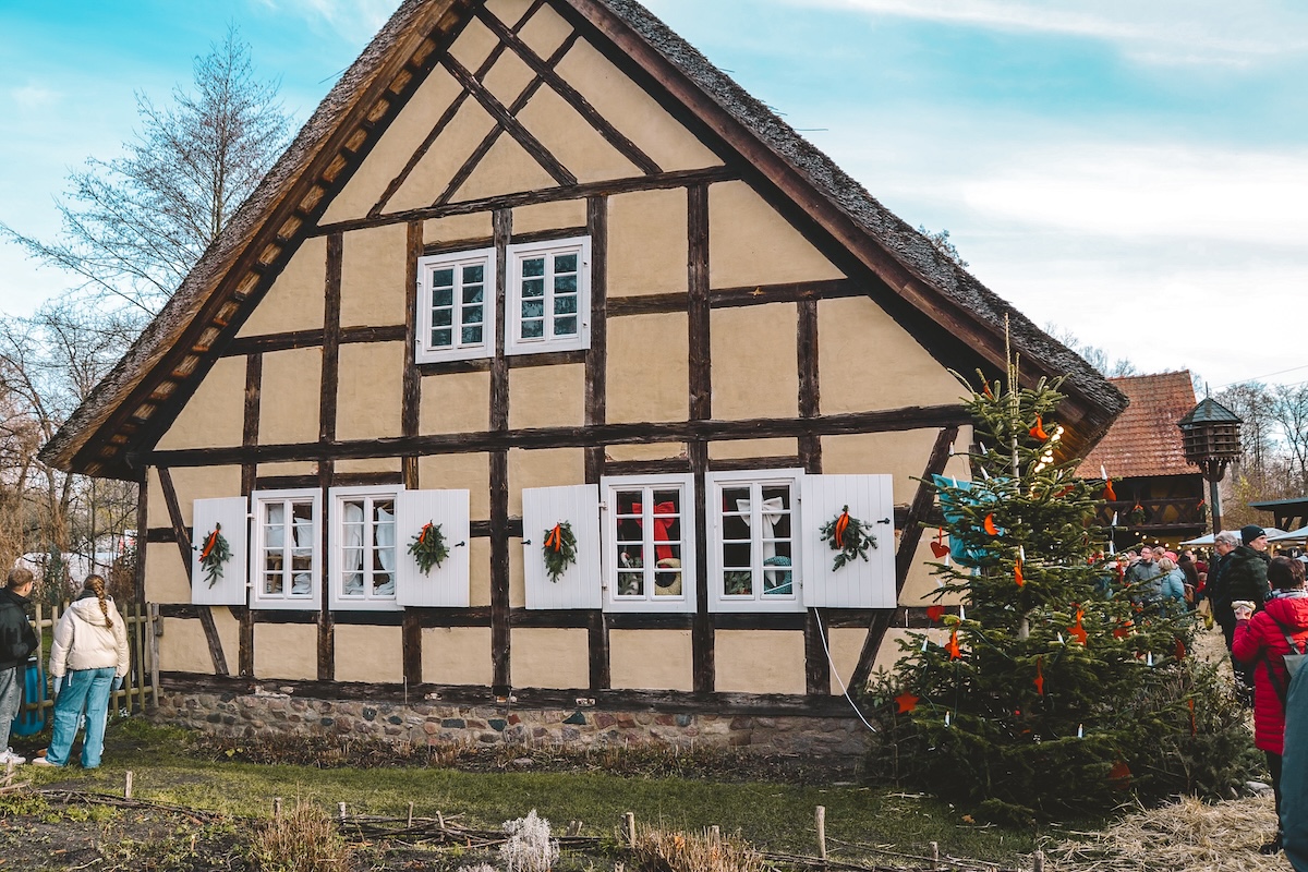 a historic half-timbered building at the Lehde open air museum